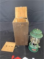 Wooden Box w Vintage Lantern & Fishing Supplies