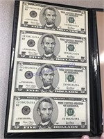 1 sheet of 4 uncut 5 dollar bills