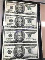 sheet of 4 uncut 20 dollar bills