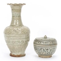 TWO ASIAN POTTERY VESSELS, VASE & LIDDED JAR