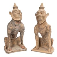 PAIR, CHINESE HAN DYNASTY POTTERY EARTH SPIRITS