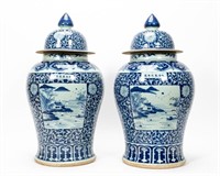 PAIR LARGE CHINESE BALUSTER FORM BLUE & WHITE URNS