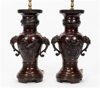 PAIR, JAPANESE BRONZED URN BIRD MOTIF TABLE LAMPS