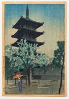 KASAMATSU SHIRO "PAGODA IN RAIN" WOODBLOCK, 1932