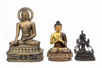 THREE, SOUTHEAST ASIAN SEATED METAL BUDDHA FIGURES