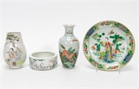 FOUR, CHINESE HAND ENAMELED PORCELAIN OBJECTS