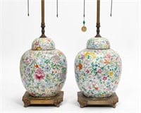 PAIR, CHINESE 1000 FLOWERS JARS MOUNTED AS LAMPS