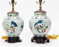 PAIR, CHINESE WUCAI FIGURAL JARS MOUNTED AS LAMPS
