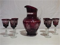 Cut-to-Clear Cranberry Pitcher w/ 6 Glasses
