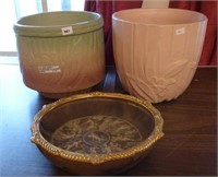 2 Pottery Planters & Incolay Stone Dresser Tray