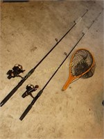 Fishing net & 2 Shimano fishing rods