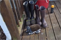 2 pair rubber boots, boot brush