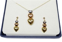 10K Tricolor gold hearts necklace and earrings set
