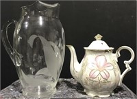 PEARLESCENT TEAPOT AND GLASS WATER PITCHER