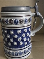 VINTAGE LARGE BLUE POTTERY STEIN PEWTER LID