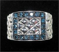 Sterling silver blue diamond pave ring, size 7