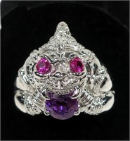 Sterling silver effigy ring with lab rubies and