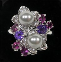 Sterling silver pearl and garnet ring with