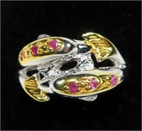 Sterling silver double dolphins ring with garnets