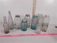 Vintage glass jars and bottles, Mason, ball,