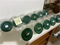 11 GLASS CANDY JARS W/ GREEN PLASTIC LIDS
