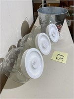 3 SMALL GLASS CANDY JARS, GALVANIZED BUCKET