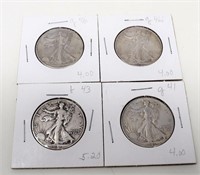 Group of 4 Walking Liberty Silver Half Dollars