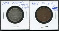 Finland 1874-75 1 Marka Silver & 5 Penna Coins