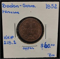 Germany 1852 Baden Copper Coin BU