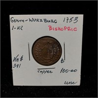 Germany-Wurzburg 1753- 1 Kreuzer KM#341 Coin UNC