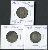 Italy 1863 & 1913 1 Lira Silver Coins