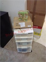 Plastic storage drawer and contents, hair styling