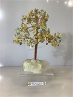 Gemstone & copper prosperity tree on quartz base,