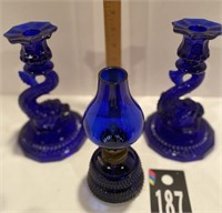 Cobalt Blue Dragon Candlesticks & Oil Lantern