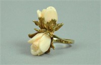 14K CARVED TWIN ROSE BLUSH CORAL RING