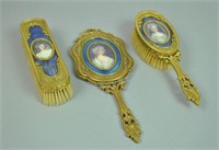 (3) PIECE FRENCH BRONZE & ENAMEL VANITY SET