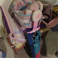 Doll bed, child fold up chair, stuffed animals