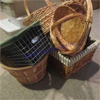 Pile of baskets, 1 wire basket, 1 bushel basket