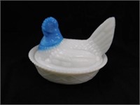 Milk glass hen on nest, blue head, beak chip