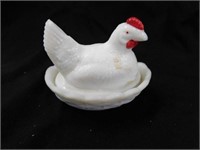 Westmoreland  milk glass red comb hen on nest,