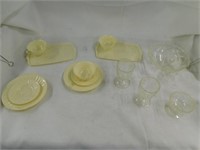 Child's 9 piece (2 designs) cream plastic dishes -