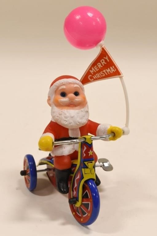 Collectible SANTA TRICYCLE Mechanical Wind Up Tin Toy Bell Bike Korea NOS 