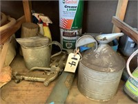 SHELF LOT OF GREASE OIL CANS, AIR GREASE GUN ETC.