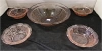 Pink Depression Glass Berry Bowl & 4 Nappies F119