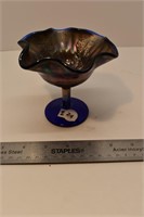Carnival Glass Bowl, Small Blue Compote, 4" T F8