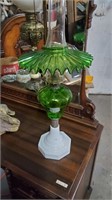 Green & Milk Glass Oil Lamp w/Ruffled Green