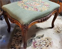 1920's Carved Stool w/Needlepoint Seat,