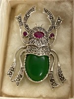 Scarab pin w/rubies, jade and marcasite