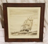 Original Framed 1926 Boat Sketch Drawing, Signed
