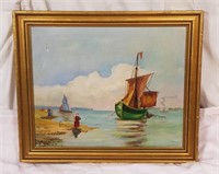 Original Oil On Canvas, Boat On Shore, Signed